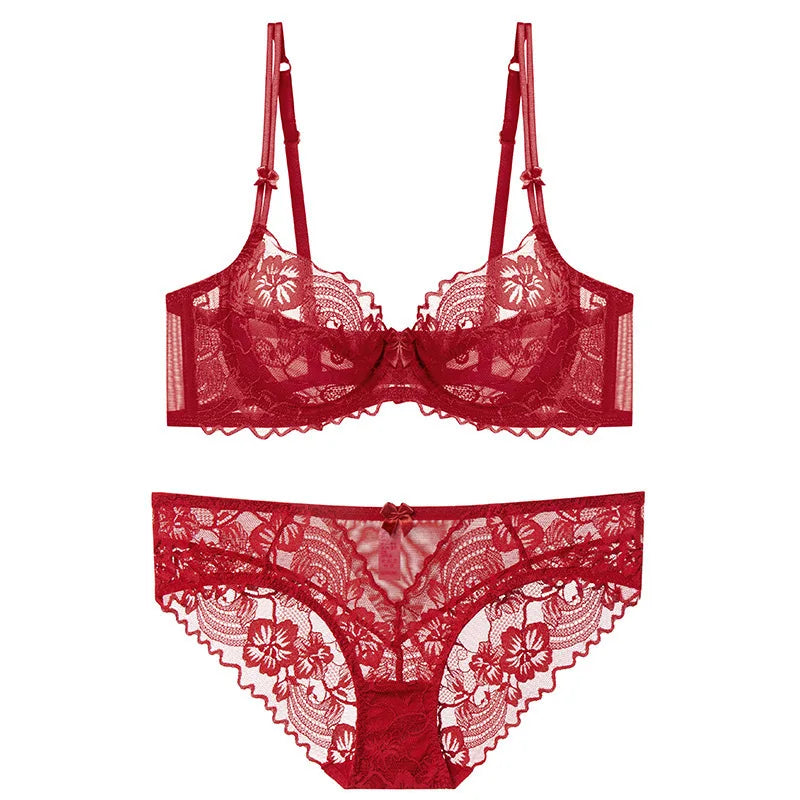 Ultra Thin Lingerie Set, French Lace Underwire Bra for Large Boobs Push Up & Gather, Sexy Pure Design, Breathable Comfort MOYISU
