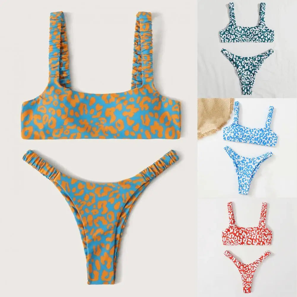 2 Pcs/Set Lady Swimwear Set Leopard Print Quick Dry Women Bathing Suit Slim Fit Wireless Summer Bikini Set For Beach