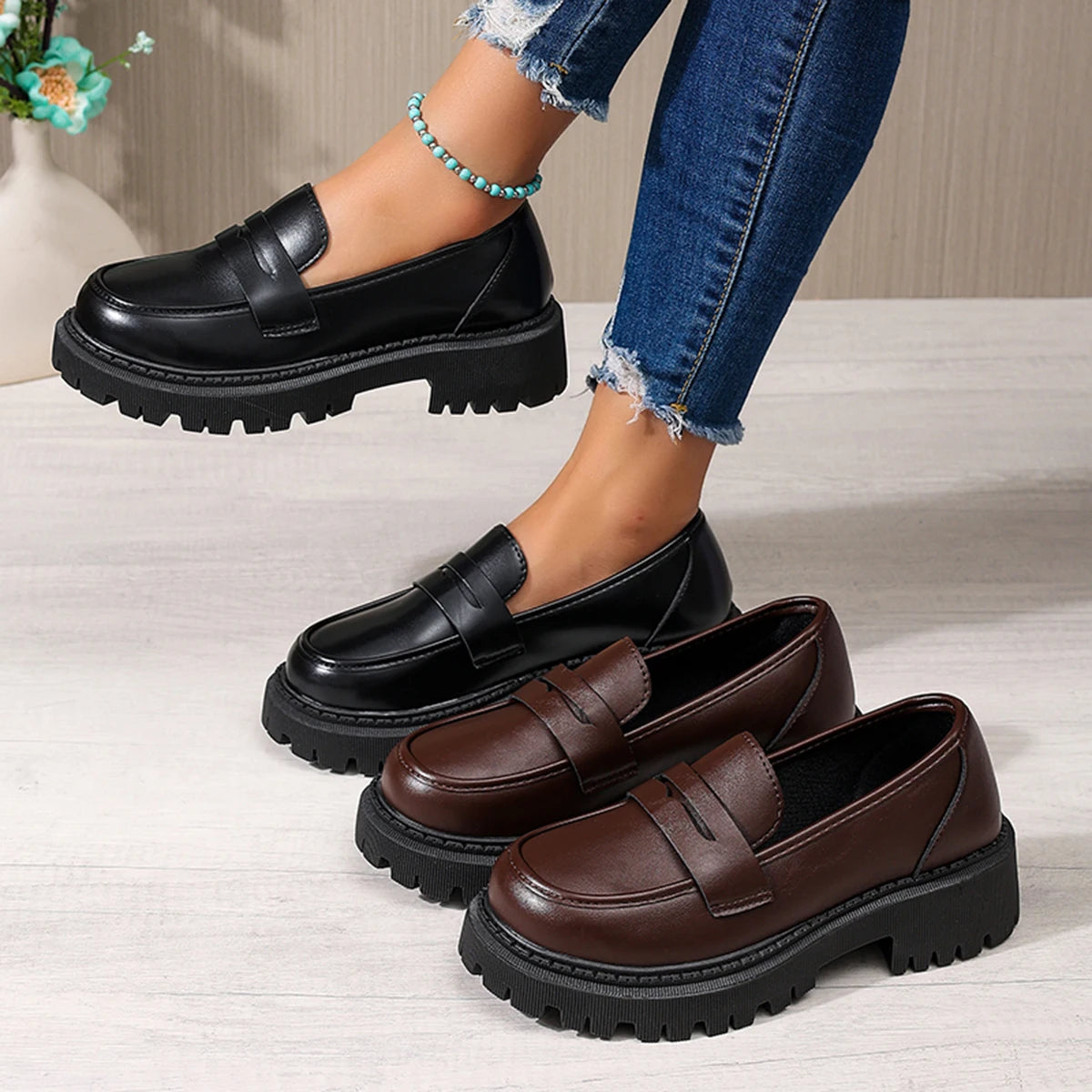 Women Penny Platform Loafer Shoes Slip On Chunky Lug Sole Round Toe Vintage Preppy Office Casual Dress Shoes
