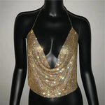 Festival Brilliant Rhinestone Backless Party Crop Top Women 2025 Summer Glitter Evening V Neck Diamonds Metal Tank Tops