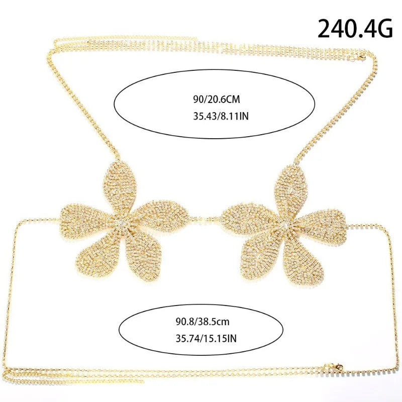 Exaggerated Crystal Flower Chest Chain Lingerie Women Accessories New in Summer Top Rhinestone Body Jewelry Bra Bikini Clothing