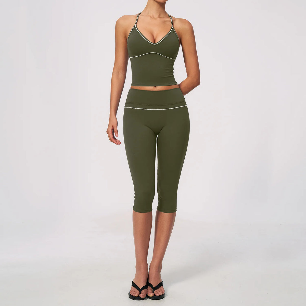 Summer Color Blocking Yoga Suit Women Tracksuit Hanging Neck V Neck Slim Sports Vest Tight Hip Lifting Capri Pants Fitness Sets