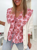 Floral Print Babydoll Tops for Women Casual Loose Doll Collar Open Front Tie-Up Ruffled Hem Long Sleeve Blouse for Fall