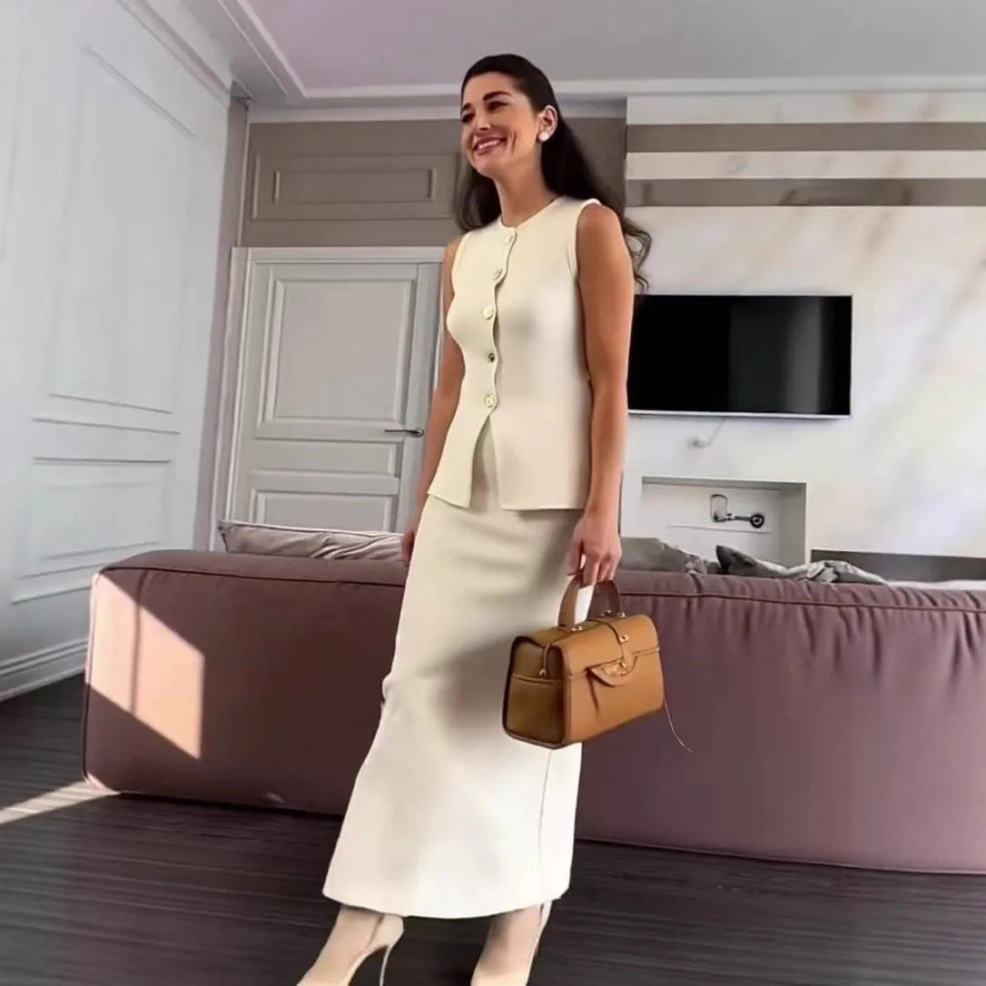 Simple Style Two Piece Set Woman New In Matching Sets Two Piece Outfits Sleeveless Tops Skirts Solid Color Temperament Commuting