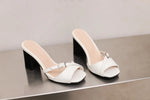 Summer New Fashion Open Toe Solid Color Simple Leather Surface Versatile Color Large Slippers Square Heel Shoes Women