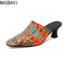NASBAVI New Breathable Hollow Slippers Stone Pattern Leather Pumps Women Chunky Heels Mules Black Dress Shoes Big Size 45 46 47