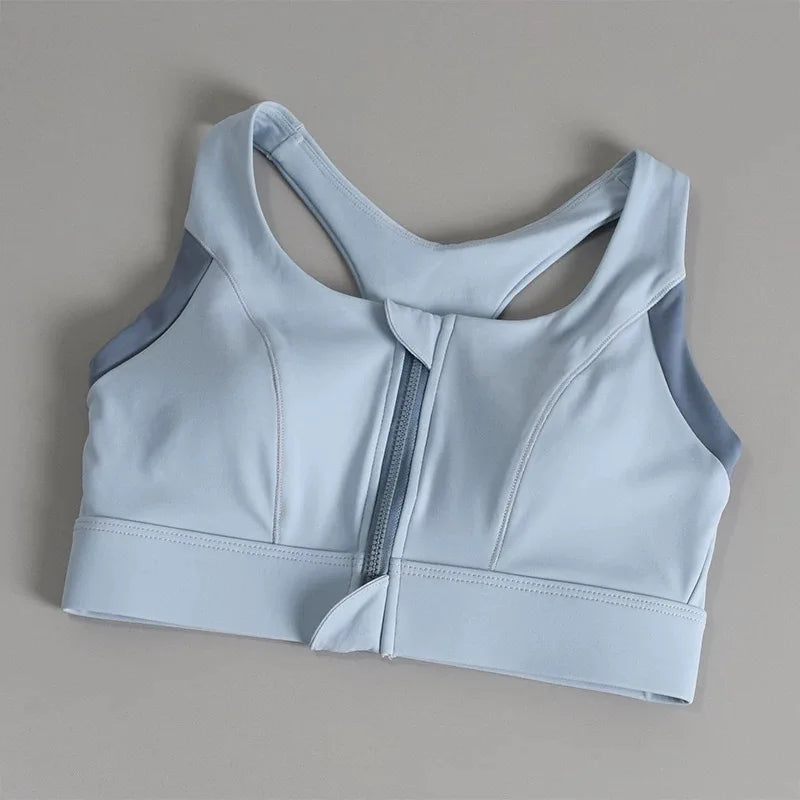 Women's sports and fitness bra with contrasting color design, shock-absorbing and gathered front zipper