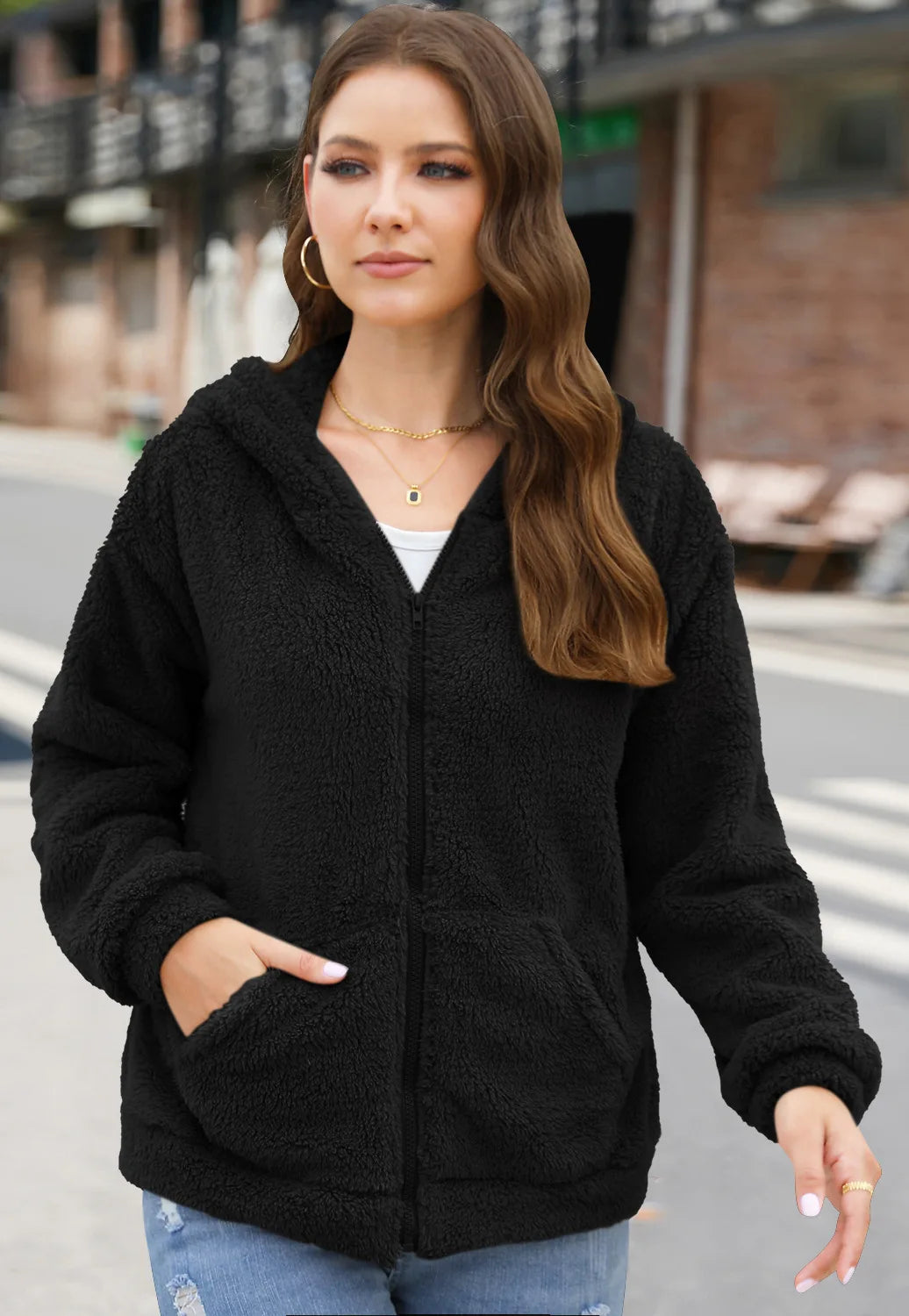 Phantasy Woman Hooded Fleece Coat Womens Casual Jacket Soft Heavy Autumn Winter Solid Hooded Jacket Ladies Outwear Overcoat