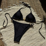 DEKA Women Solid Circular Bikini Set Solid Backless Halter Neck Tie Up Swimsuit Summer Beach Vacation High Waisted Ring Swimwear