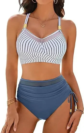 Sexy Fashionable Mesh Splice Drawstring Ladies Bikini Set Swimsuit New High Waist Trending Swimsuit Beach Bathing Suit