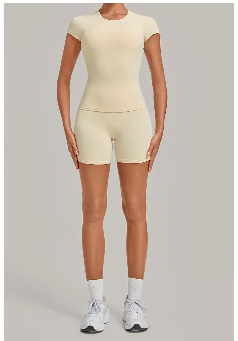 Women's Seamless Yoga Sets Sports Fitness Workout Hip-lifting High Waist Shorts Backless Short-sleeve Vest Suit Gym Training Set