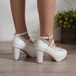 Women's Sweet Cute Lace Bow Lolita Platform High Heels, White Pumps Wedding Party Dress Shoes, Big Sizes 33-48
