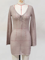 V Neck Long Sleeve Hollow Out Crochet Knitted Tunic Beach Cover Up Cover-ups Beach Dress Beach Wear Beachwear Female Women V6081