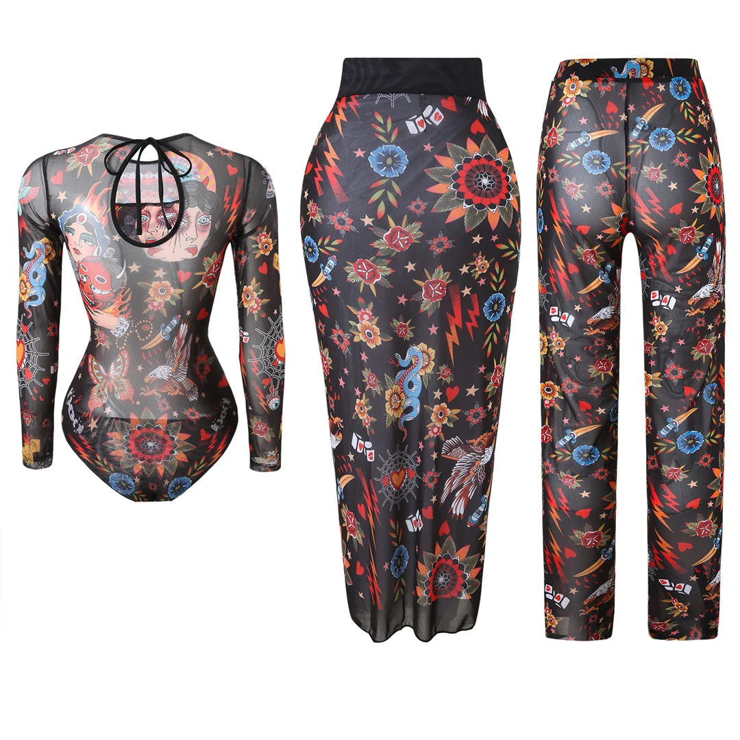 S - XXL 3PCS New Printed Long Sleeve With Pants Sarong Women Swimwear One Piece Swimsuit Female Bather Bathing Suit Swim V7180