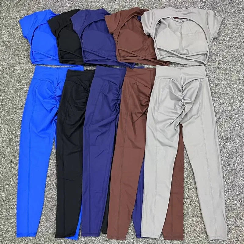 Women's Yoga Sets 2 Piece High Waist Hip Lift Leggings with Cross Back Sports Bra Seamless Workout Clothes Fitness Gym Wear Set