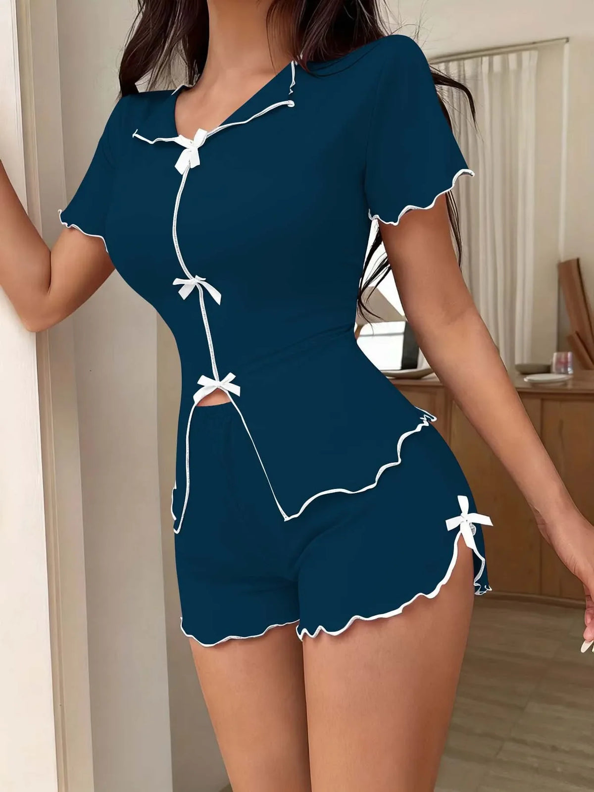 Women's Summer Sleepwear Pajamas Set Bow Short Sleeve Top and Shorts 2 Piece Set Casual Home Wear Loungewear