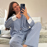 Women Autumn Winter Color Block Striped Pajama Set Skin Friendly Loose Long Sleeve Pants Two Piece Ladies Homewear Sleepwear