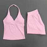 2 Piece Yoga Set Women Halter Deep V Neck Wrap Top Quick‑Dry Athletic Shorts Stretchy Gentle on Skin Suit Gym Workout Sportswear