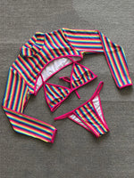 2025 Sexy Long Sleeve Striped Bikini Women Brazilian Swimwear Female Swimsuit 3 Pieces Bikini Set Halter Micro Bathing Suit Swim