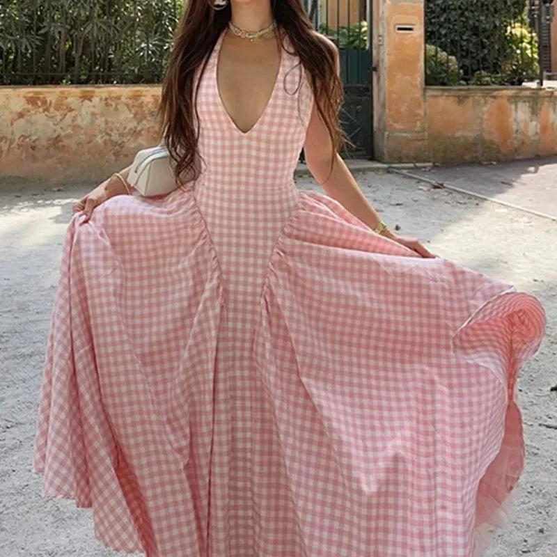 Elegant V-Neck Pleated Long Dresses Women High Waist Summer 2025 French Style Fashion V-neck Backless Lace-up Vacation Vestidos