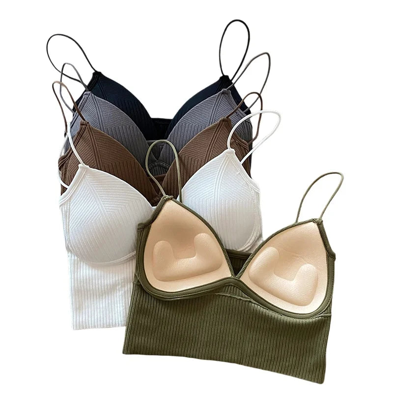 Women Tank Top With Built In Bras Fixed Cup Anti Glare Streetwear Crop Tops Female Seamless Underwear Padded Camisole Summer