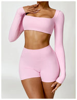 Hearuisavy Summer 2PCS Long Sleeve Gym Set Women Yoga Clothes Quick-Drying Sportswear Running Leggings Workout Sports Crop Top