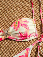 Sexy Pink Floral Print Micro Bikini 2025 Women Metal Starfish Ornament Pleate Push Up Thong Swimsuit Bathing Suit Pool Swimwear