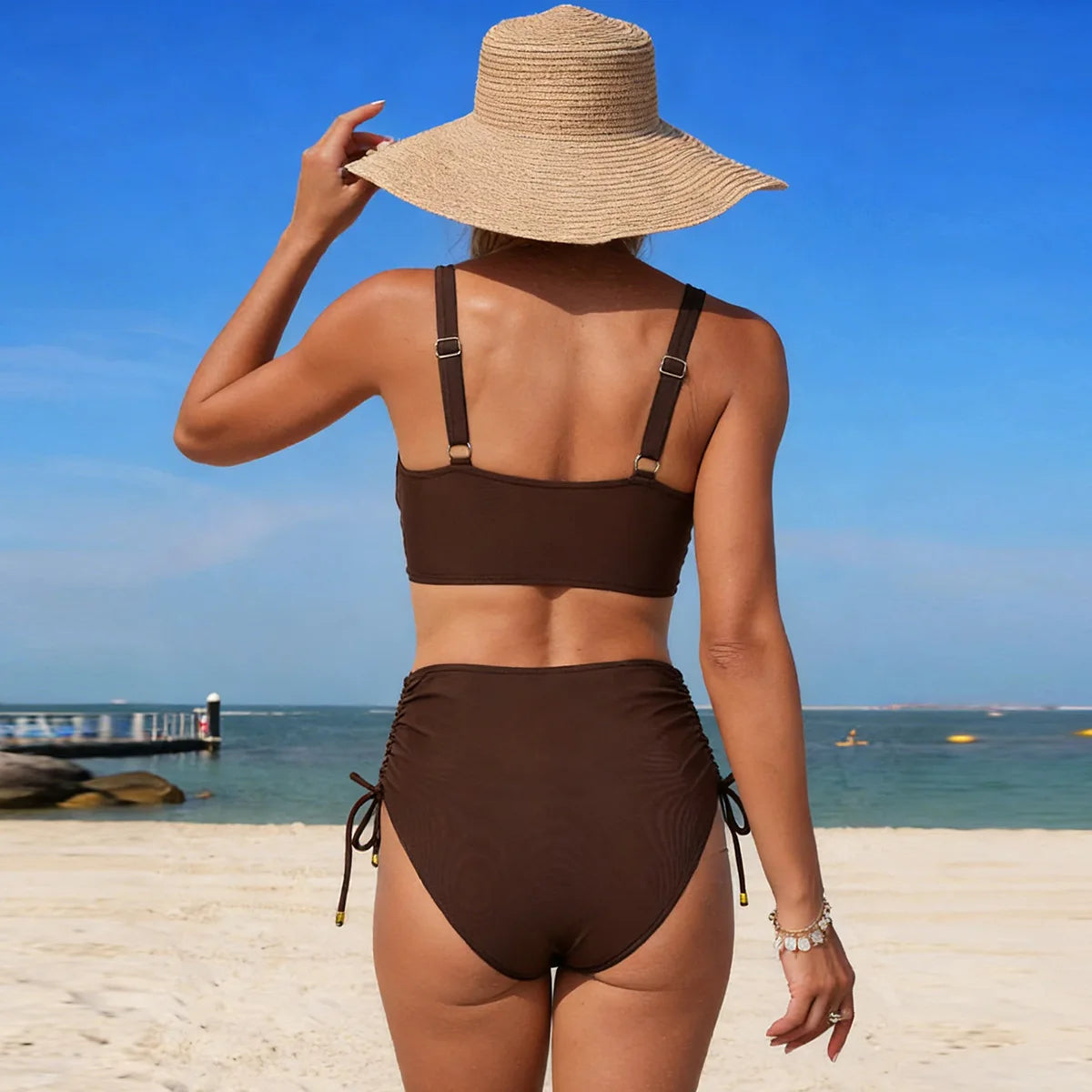 Vintage Drawstring Side High Waist Bikini Set 2026 Black Metal Strap V Neck Cross Push Up Swimwear Beach Bathing Suit Swimsuit