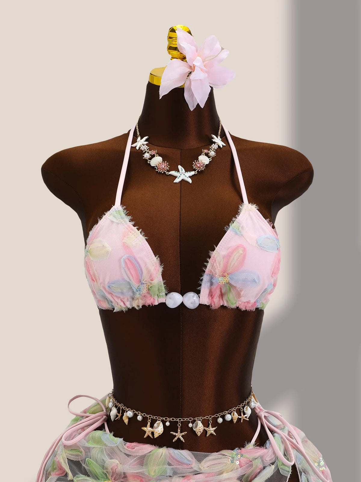 Sexy Pink Floral Embroidery Bikini Set 2026 Women Push Up Bra Triangle Swimsuit Holiday Bathing Suit Cover Up 3 Piece Swimwear