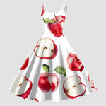 Vintage Fruit Print Dress For Women Elegant High Waist A Line Swing Dress Rockabilly 60s 50s Retro Spaghetti Strap Maxi Robe