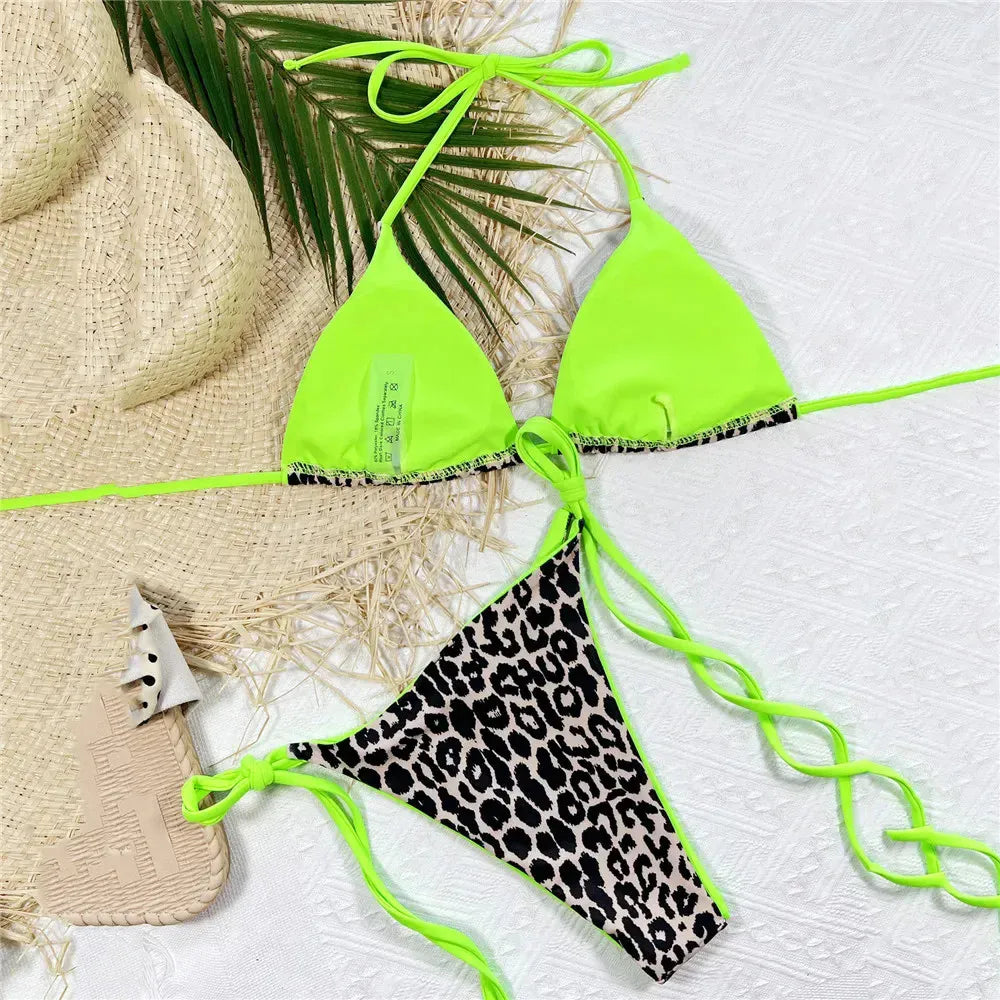Pink Leopard Print Swimwear String Halter Triangle Bikini Set Micro Thong Sexy Swimsuit Women 2026 Bating Suit Bikinis De Mujer