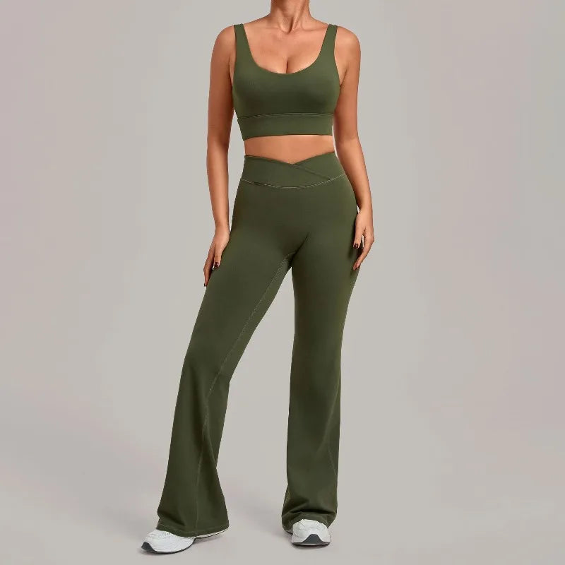 Women's Seamless Yoga Sets Sports Fitness Hip-lifting High Waist Flared Pants Backless Bra Suits Training WorkoutLeggings Sets