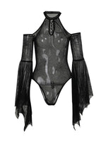 Women Mesh Sheer Bodysuits Flare Long Sleeve Cold Shoulder Spider Web Bodycon Body Tops Halloween Party Gothic Clubwear