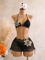 DEKA Brazilian Mesh Flower Bikini Set Women Halter Push Up Triangle Embroidered Print Swimsuit Bathing Suit Swimwear Swimming