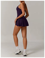 Summer Tennis Dress Women Sleeveless V Neck Slim Skirt Pleate Twisted Design Crossed Hollow Out Sports Yoga Golf Skirt Badminton