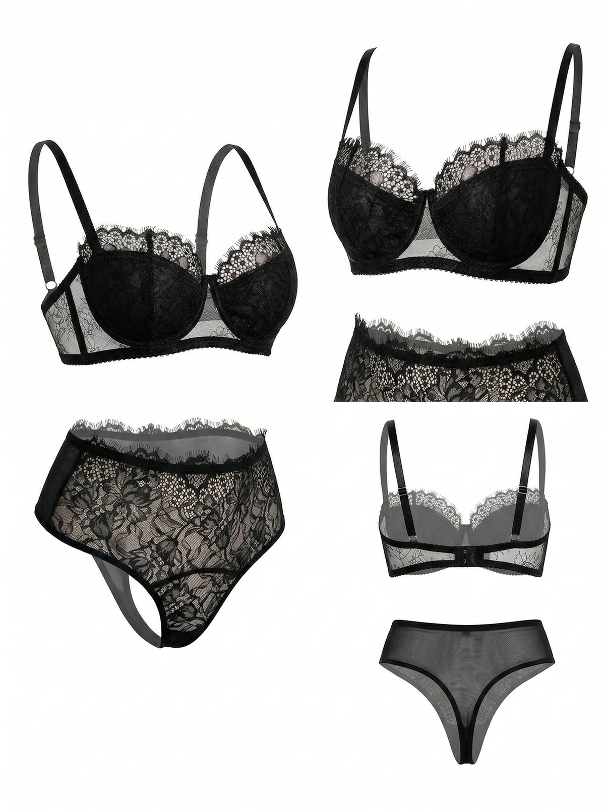 French Style Black Lace Bra Set Women Eyelash Lace Sheer Bra High Waist thong Panty Lingerie set MR3406