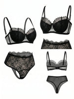 French Style Black Lace Bra Set Women Eyelash Lace Sheer Bra High Waist thong Panty Lingerie set MR3406