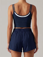 Women's New Summer Yoga Sets Color Blocked Double Strap Workout Tank Top Fitness Suit Drawstring High Waist Short Sport Set