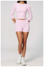 Yoga Sets Women Half Sleeve O Neck Slim Sports T Shirts High Waist Short Fitness Suit Outdoor Gym Running Workout Tracksuit