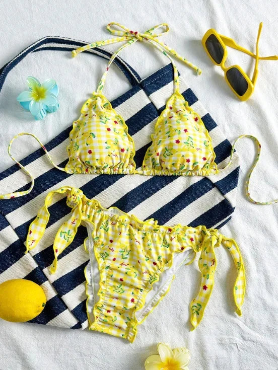 Women Cute Bikini Set 2025 New Summer Orange Floral Print Halter Ruffles Push Up Tie Side Thong Swimsuit Bathing Suit