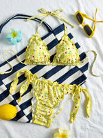 Women Cute Bikini Set 2025 New Summer Orange Floral Print Halter Ruffles Push Up Tie Side Thong Swimsuit Bathing Suit