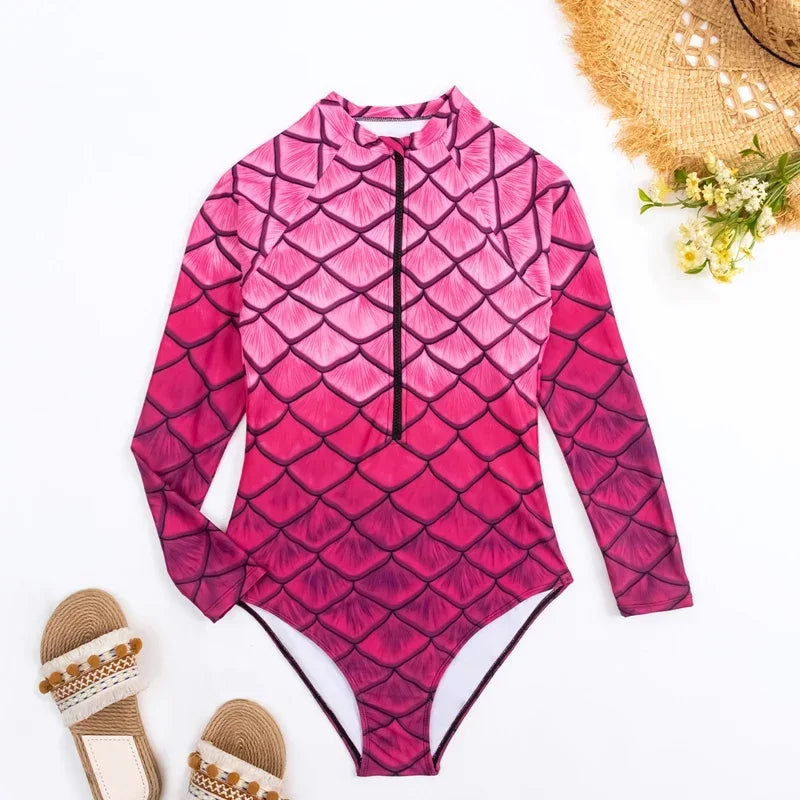 2026 NewFish Scale Printed Surfing Suit for Women,Long Sleeve One-Piece Swimsuit,Zipper Competitive High Elasticity Bikini