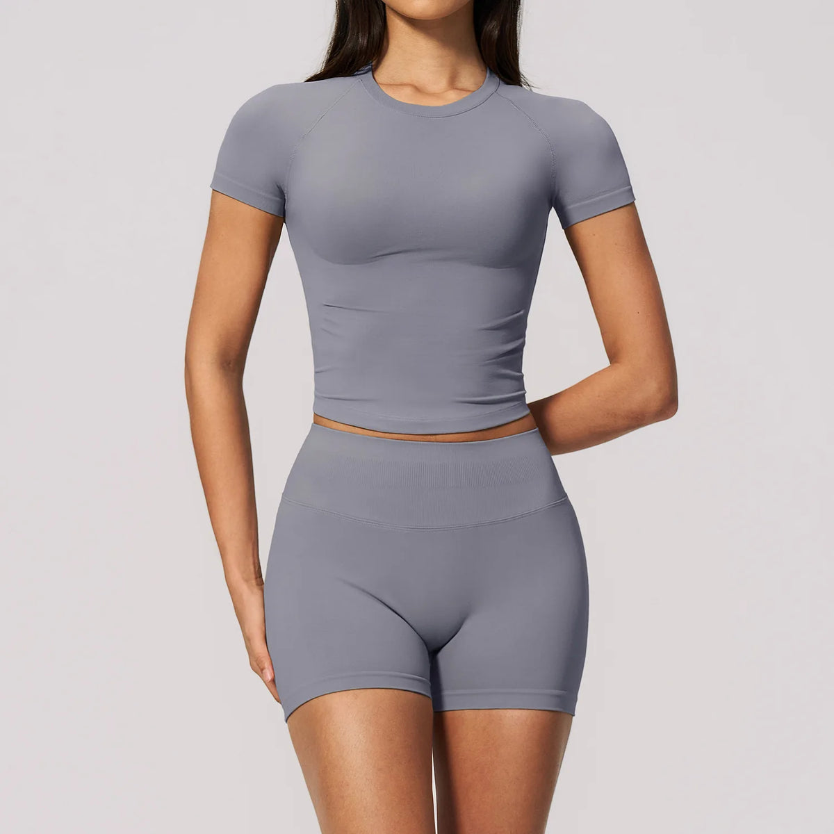 Seamless Yoga Sets Women Short Sleeve O Neck Slim Sports T Shirts Gym Outfits Abdominal Compression Shorts Running Fitness Suit