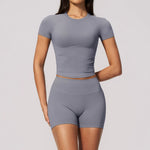 Seamless Yoga Sets Women Short Sleeve O Neck Slim Sports T Shirts Gym Outfits Abdominal Compression Shorts Running Fitness Suit