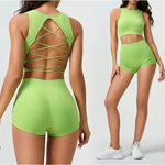 Women's Backless Cross Belt Sports Vest Yoga Exercise Fitness Suit Threaded Pleated Hip Lifting Shorts Set