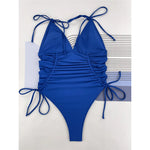 Wrinkled V Neck Lace Up Strappy Women Swimwear One Piece Swimsuit Female High Leg Cut Monokini Bather Bathing Suit Swim V4736