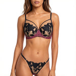 Sweet and cool rose-pink leopard print floral embroidery lingerie set - Hot girl style mesh 3/4 cupped bra thong set ZA825183