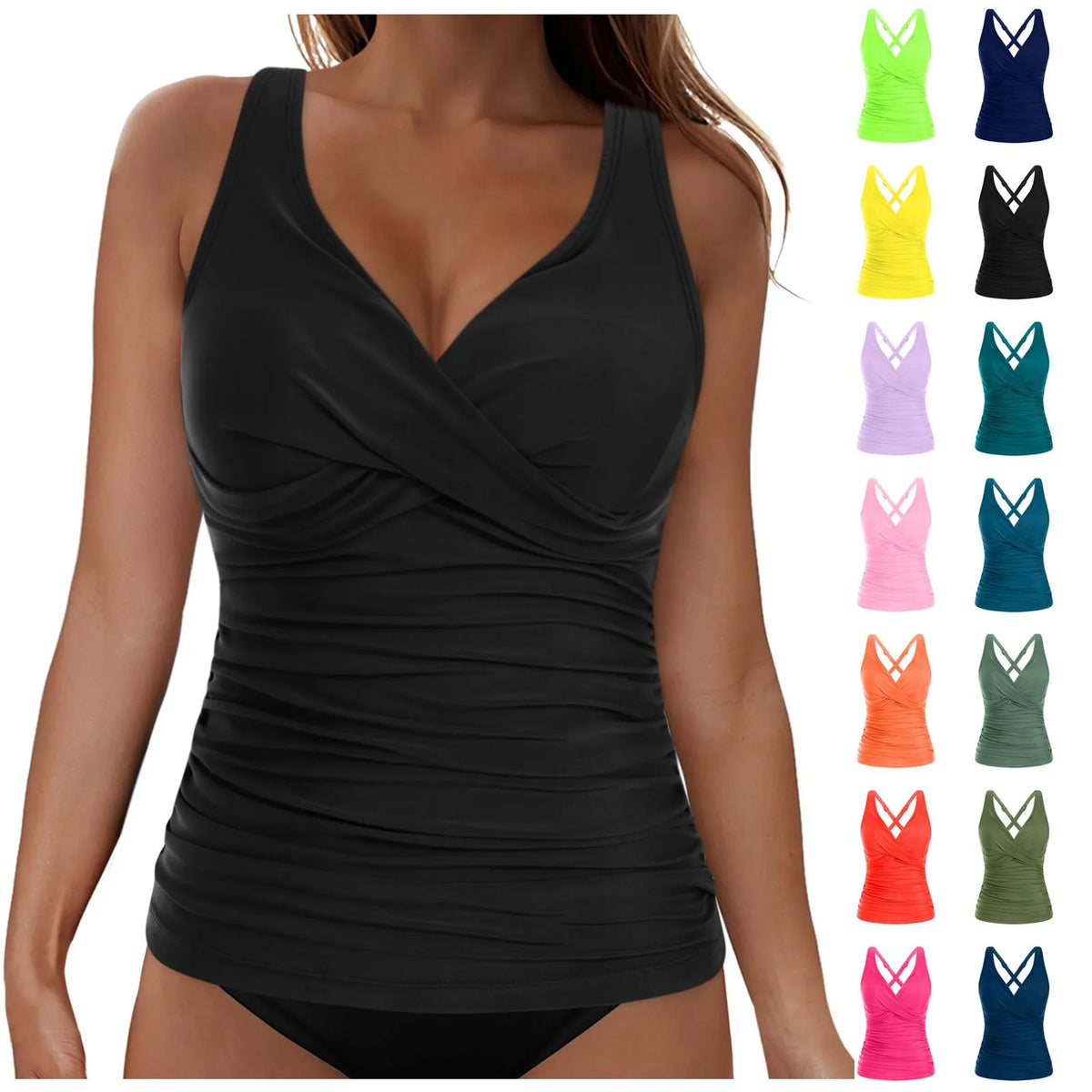 Women Bikini Tankini Top Front Knot Ruched Swimsuit V Neck Bathing Suit Swim Top Cross Back Swimwear Tops Summer Beach Wear