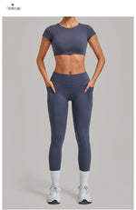 Yoga Set Women's Tracksuit Short Sleeve Back Hollow Out Sports Top Athletic Wear Tight High Waist Pocket Leggings Fitness Suits