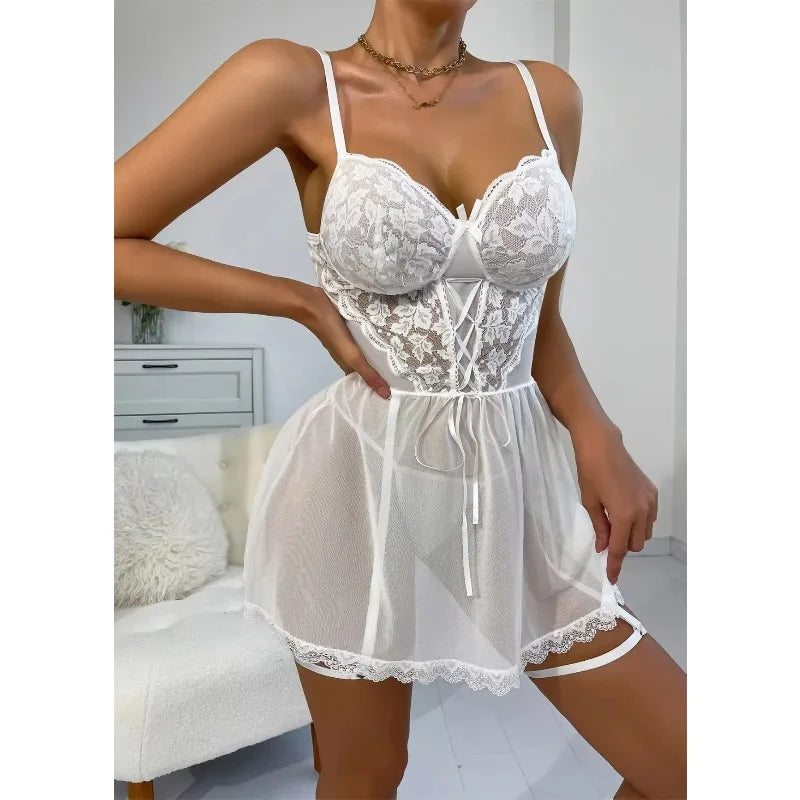 Soild Lingerie Erotic Nightwear Womens' Nightdress Sexy Pajamas Lace Nightclub Fun Underwear Hollow Backless Ladies Nightgown